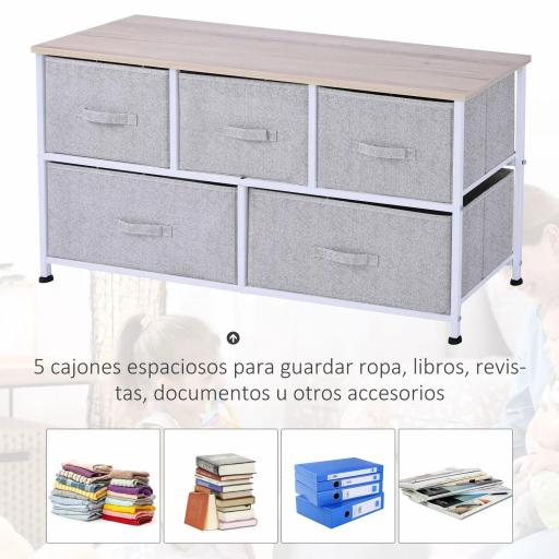 Cómoda con 5 Cajones de Tela Cómoda para Dormitorio Marco Metálico 100x30x54 cm Gris [1]
