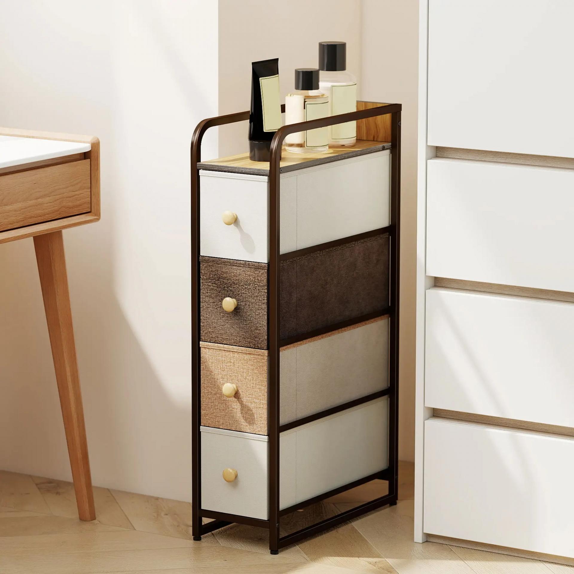 Cómoda con 4 Cajones de Tela Marco de Acero Cómoda para Dormitorio para Espacios Pequeños Salón Vestidor Multicolor