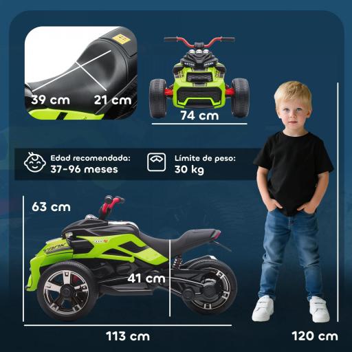 Quad Eléctrico para Niños 12V con 2 Motores Velocidad hasta 5 km/h 3 Ruedas Suspensión Verde [3]