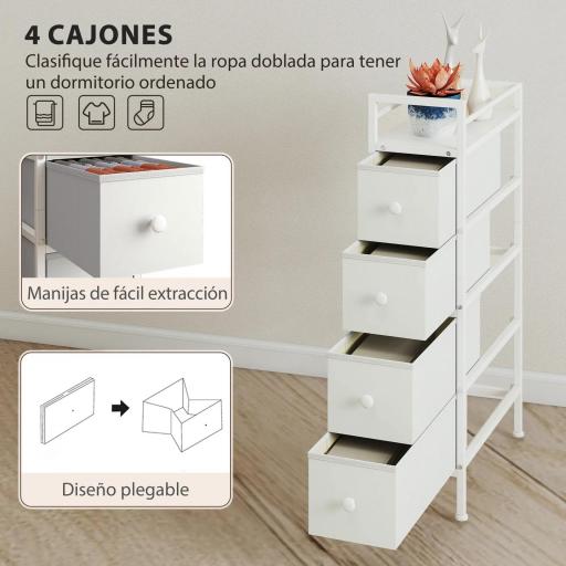 Cómoda con 4 Cajones de Tela Marco de Acero Cómoda para Dormitorio para Espacios Pequeños Salón Vestidor Blanco [4]