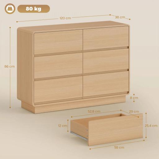 Aparador con 6 Cajones Bordes Redondeados para Salón Cocina Entrada Oficina 120x38x86 cm Natural [1]