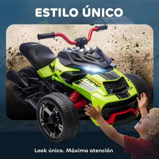 Quad Eléctrico para Niños 12V con 2 Motores Velocidad hasta 5 km/h 3 Ruedas Suspensión Verde [5]