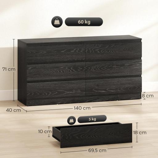 Cómoda Dormitorio con 6 Cajones Cajonera para Salón Oficina Estilo Moderno 140x40x71 cm Negro Veteado [1]