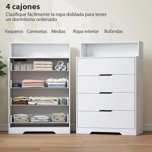 Cómoda para Dormitorio de 4 Cajones con Estación de Carga Puerto USB Puerto USB-C Estante Abierto 80x40x120 cm Blanco [5]