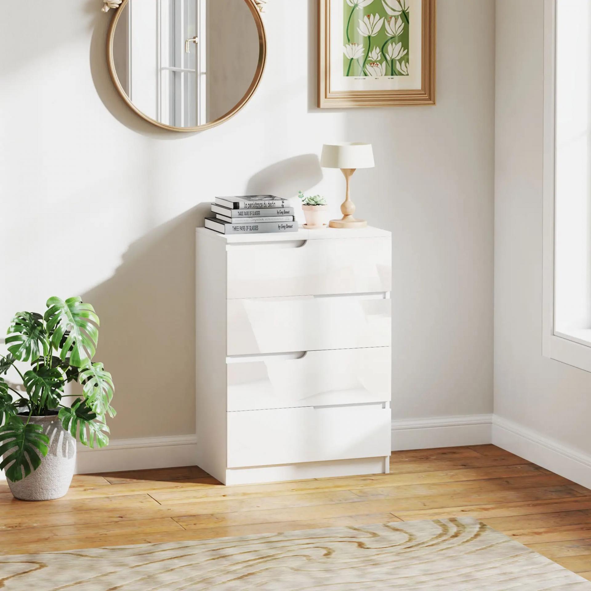 Cómoda con 4 Cajones Cómoda de Dormitorio Moderno con Anti-vuelco Cajonera para Salón Pasillo 60x40x85 cm Blanco