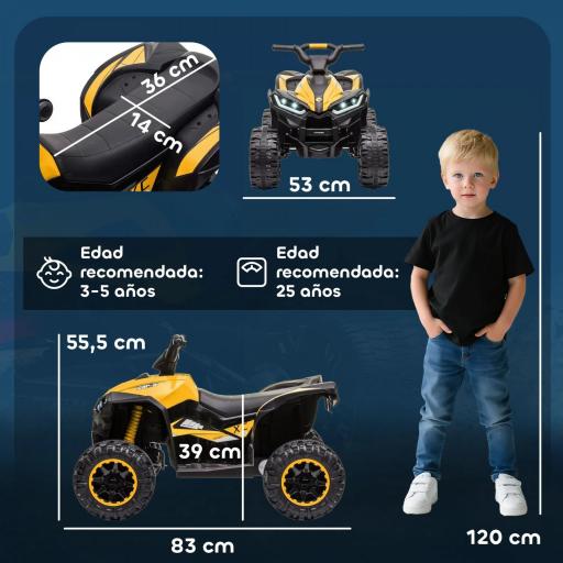Quad Eléctrico para Niños de 3-5 Años Vehículo Eléctrico a Batería 12V con 2 Motores 83x53x55,5 cm Amarillo [4]