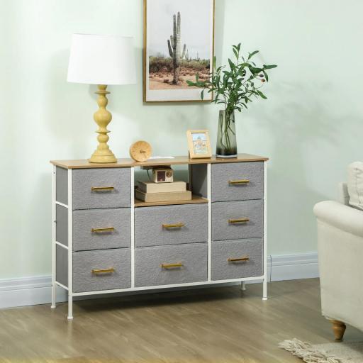 Cómoda con 8 Cajones de Tela Acabado en Borreguito Sintético Estación de Carga y Carga USB-C para Dormitorio Gris