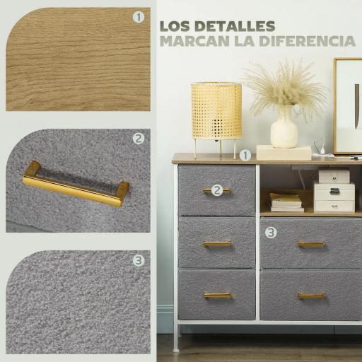 Cómoda con 8 Cajones de Tela Acabado en Borreguito Sintético Estación de Carga y Carga USB-C para Dormitorio Gris [3]