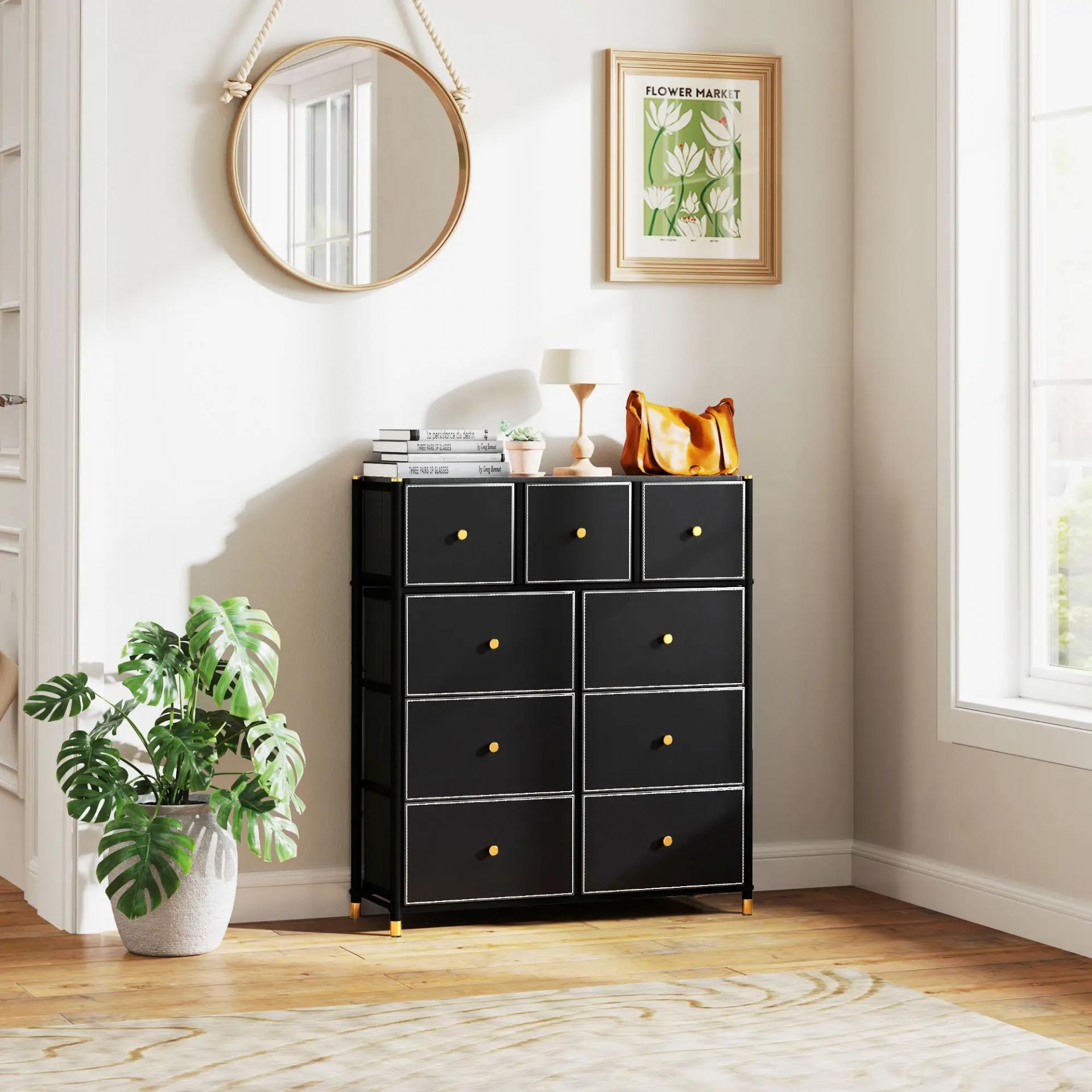 Cajonera de Tela con 9 Cajones Plegables con Frentes de Cuero PU y Marco de Acero Cajonera para Dormitorio Salón Negro