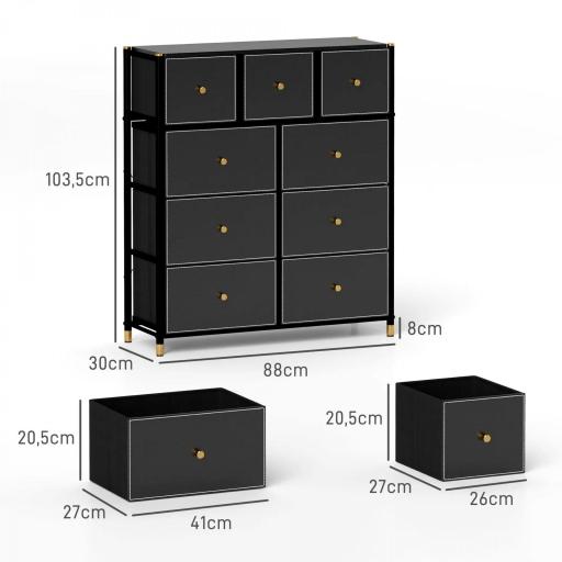 Cajonera de Tela con 9 Cajones Plegables con Frentes de Cuero PU y Marco de Acero Cajonera para Dormitorio Salón Negro [1]