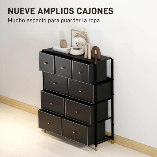 Cajonera de Tela con 9 Cajones Plegables con Frentes de Cuero PU y Marco de Acero Cajonera para Dormitorio Salón Negro [7]