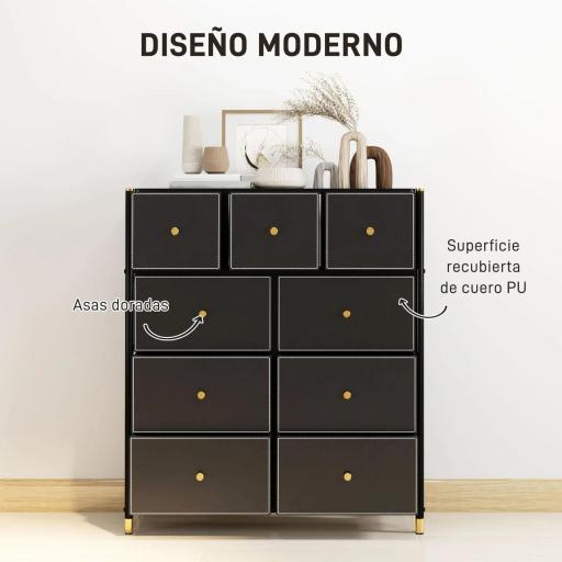 Cajonera de Tela con 9 Cajones Plegables con Frentes de Cuero PU y Marco de Acero Cajonera para Dormitorio Salón Negro [2]