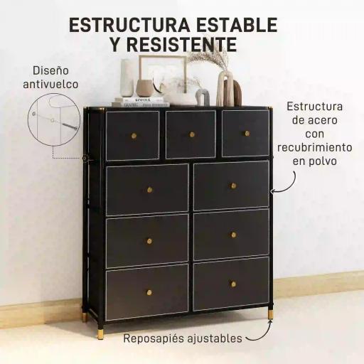 Cajonera de Tela con 9 Cajones Plegables con Frentes de Cuero PU y Marco de Acero Cajonera para Dormitorio Salón Negro [4]