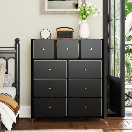 Cajonera de Tela con 9 Cajones Plegables con Frentes de Cuero PU y Marco de Acero Cajonera para Dormitorio Salón Negro [5]