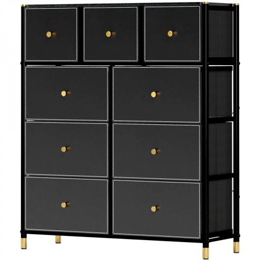 Cajonera de Tela con 9 Cajones Plegables con Frentes de Cuero PU y Marco de Acero Cajonera para Dormitorio Salón Negro [8]