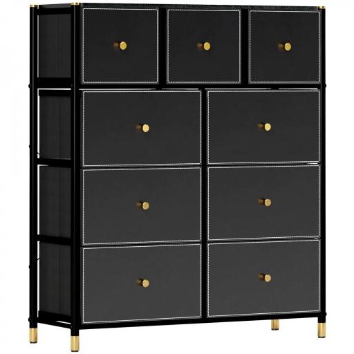 Cajonera de Tela con 9 Cajones Plegables con Frentes de Cuero PU y Marco de Acero Cajonera para Dormitorio Salón Negro [9]