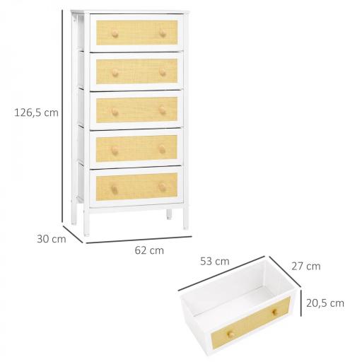 Cómoda de Dormitorio de Estilo Cannage Bohemio con 5 Cajones de Tela Plegables para Entrada Salón 62x30x126,5 cm Blanco [1]