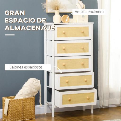 Cómoda de Dormitorio de Estilo Cannage Bohemio con 5 Cajones de Tela Plegables para Entrada Salón 62x30x126,5 cm Blanco [4]