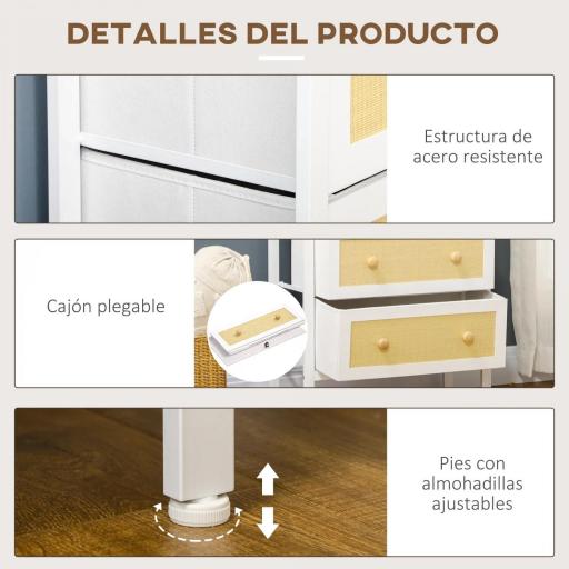Cómoda de Dormitorio de Estilo Cannage Bohemio con 5 Cajones de Tela Plegables para Entrada Salón 62x30x126,5 cm Blanco [6]