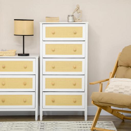 Cómoda de Dormitorio de Estilo Cannage Bohemio con 5 Cajones de Tela Plegables para Entrada Salón 62x30x126,5 cm Blanco [2]