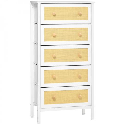 Cómoda de Dormitorio de Estilo Cannage Bohemio con 5 Cajones de Tela Plegables para Entrada Salón 62x30x126,5 cm Blanco [8]