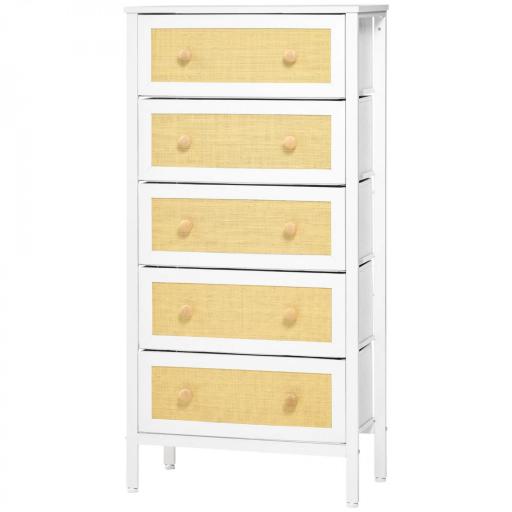 Cómoda de Dormitorio de Estilo Cannage Bohemio con 5 Cajones de Tela Plegables para Entrada Salón 62x30x126,5 cm Blanco [9]