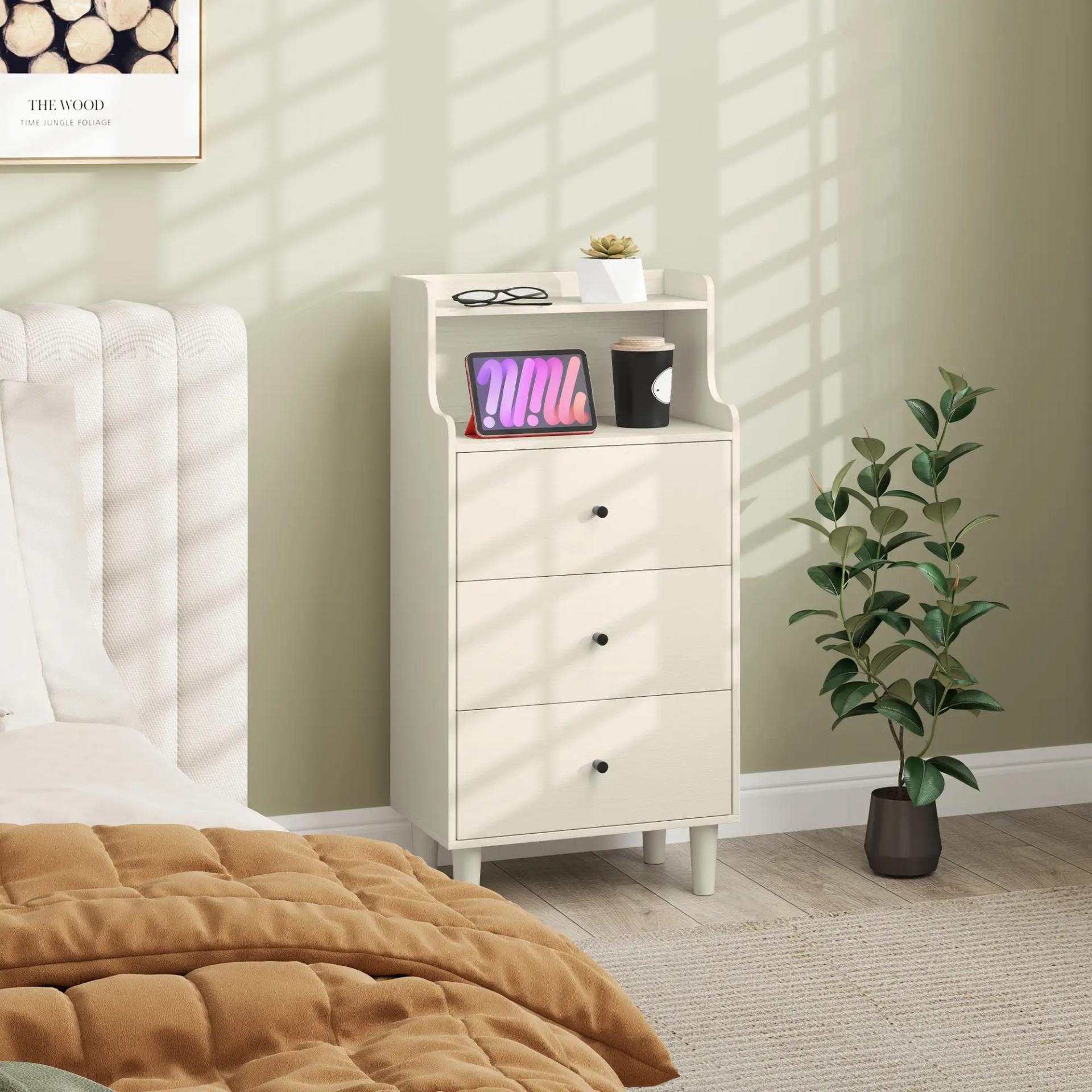 Cómoda con 3 Cajones y 2 Estantes Abiertos Diseño Moderno y Antivuelco para Dormitorio o Salón 47x29x95cm Blanco Veteado