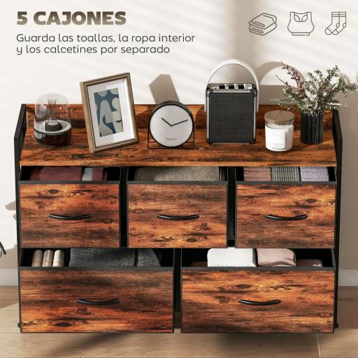 Cajonera de Tela con 5 Cajones y Marco Metálico Estilo Industrial para Salón Recibidor 98x29x63 cm Marrón Rústico [3]