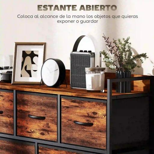 Cajonera de Tela con 5 Cajones y Marco Metálico Estilo Industrial para Salón Recibidor 98x29x63 cm Marrón Rústico [2]