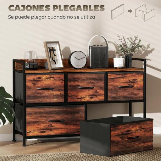 Cajonera de Tela con 5 Cajones y Marco Metálico Estilo Industrial para Salón Recibidor 98x29x63 cm Marrón Rústico [4]