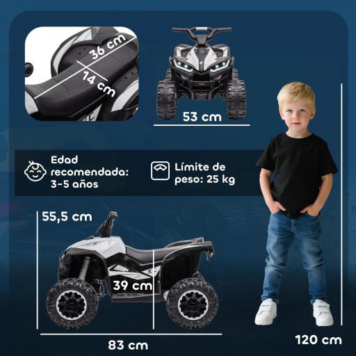 Quad Eléctrico para Niños de 3-5 Años Vehículo Eléctrico a Batería 12V con 2 Motores 83x53x55,5 cm Negro y Blanco [5]