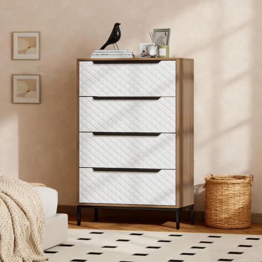 Cómoda con 4 Cajones de Tela Frentes con Patrón de Diamante para Salón Oficina Vestidor Natural y Blanco