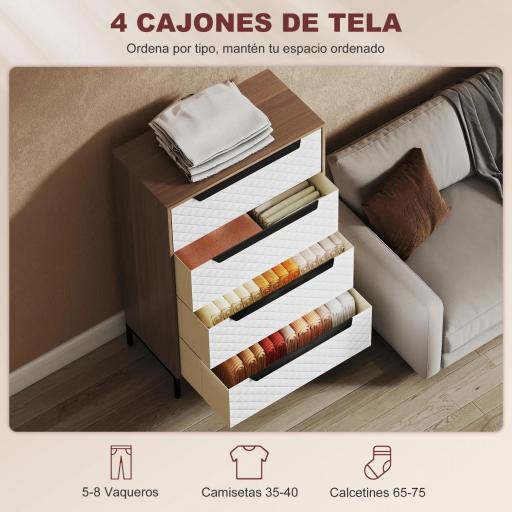 Cómoda con 4 Cajones de Tela Frentes con Patrón de Diamante para Salón Oficina Vestidor Natural y Blanco [4]