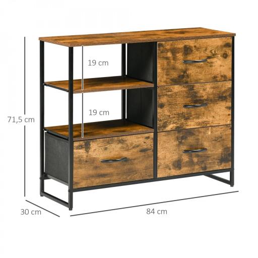 Cómoda de Salón con 4 Cajones de Tela Plegable y 2 Estantes Estilo Industrial 84x30x71,5 cm Marrón Rústico [1]