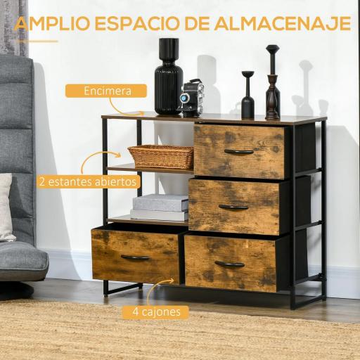 Cómoda de Salón con 4 Cajones de Tela Plegable y 2 Estantes Estilo Industrial 84x30x71,5 cm Marrón Rústico [2]