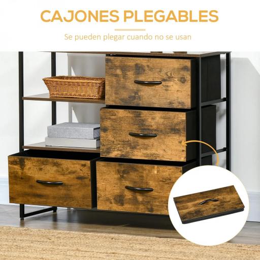 Cómoda de Salón con 4 Cajones de Tela Plegable y 2 Estantes Estilo Industrial 84x30x71,5 cm Marrón Rústico [5]