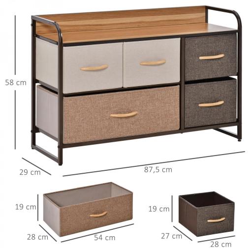 Cómoda para Dormitorio con 5 Cajones Plegables Parte Superior de Madera y Marco Metálico 87,5x29x58 cm Multicolor [1]