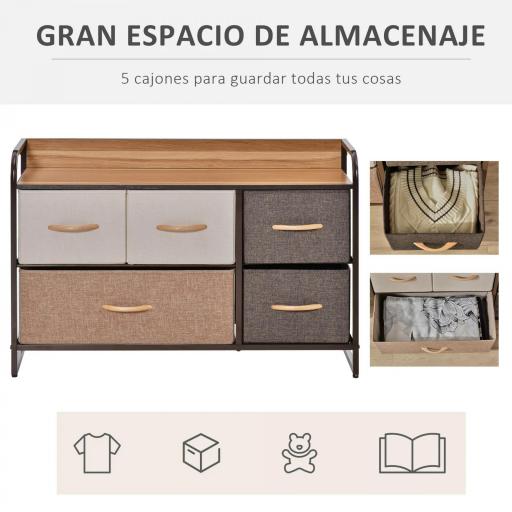 Cómoda para Dormitorio con 5 Cajones Plegables Parte Superior de Madera y Marco Metálico 87,5x29x58 cm Multicolor [3]