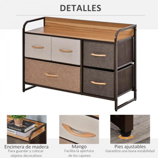 Cómoda para Dormitorio con 5 Cajones Plegables Parte Superior de Madera y Marco Metálico 87,5x29x58 cm Multicolor [4]