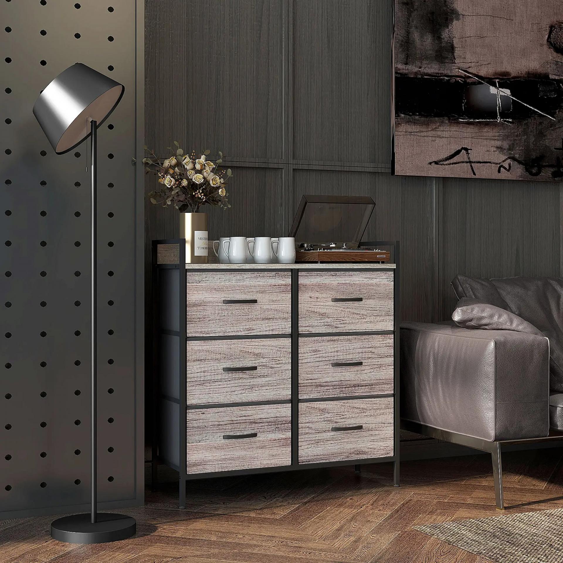 Cómoda con 6 Cajones Plegables Cajonera de Tela con Estructura de Acero Estilo Industrial 79x29x85 cm Gris