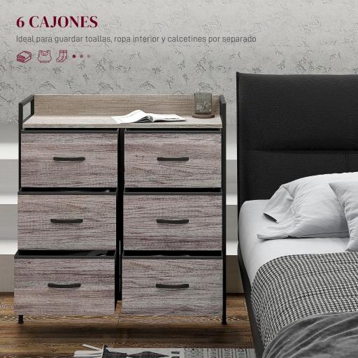 Cómoda con 6 Cajones Plegables Cajonera de Tela con Estructura de Acero Estilo Industrial 79x29x85 cm Gris [2]