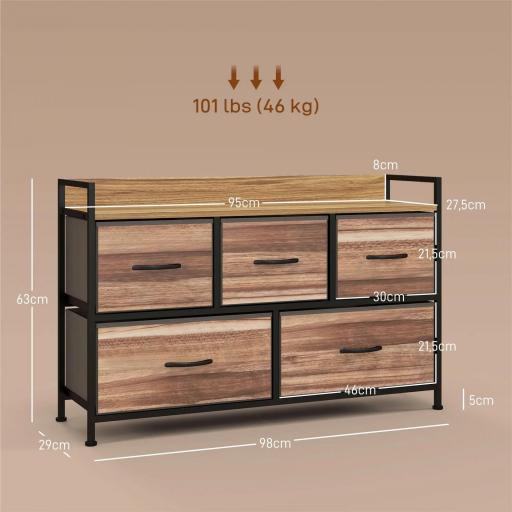 Cajonera de Tela con 5 Cajones y Marco Metálico Estilo Industrial para Salón Recibidor 98x29x63 cm Roble [1]