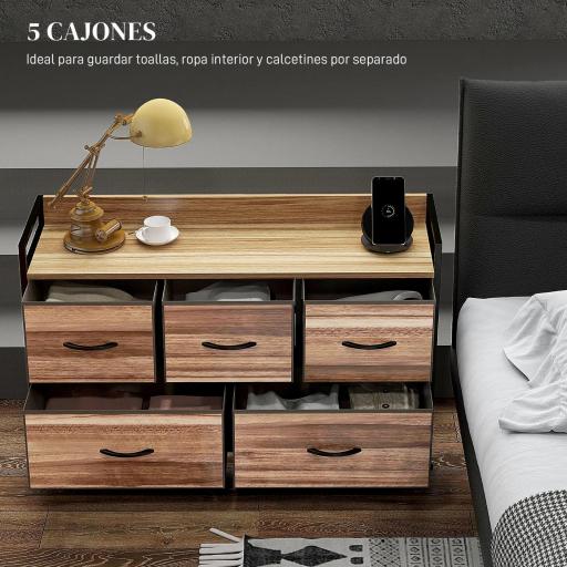 Cajonera de Tela con 5 Cajones y Marco Metálico Estilo Industrial para Salón Recibidor 98x29x63 cm Roble [6]