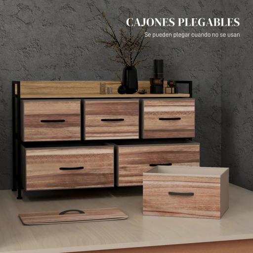 Cajonera de Tela con 5 Cajones y Marco Metálico Estilo Industrial para Salón Recibidor 98x29x63 cm Roble [3]