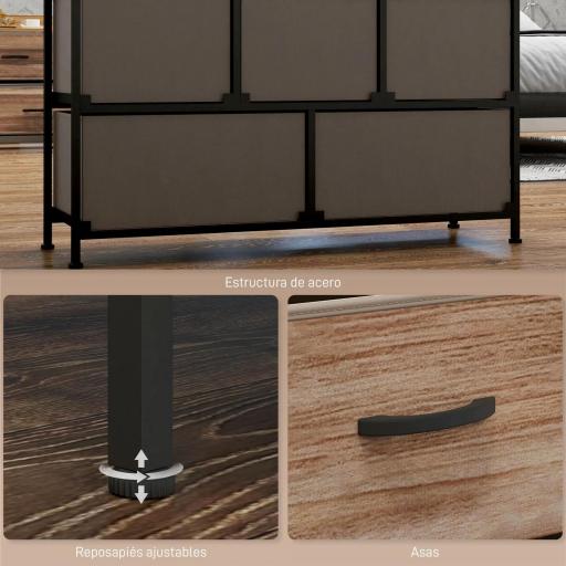 Cajonera de Tela con 5 Cajones y Marco Metálico Estilo Industrial para Salón Recibidor 98x29x63 cm Roble [4]