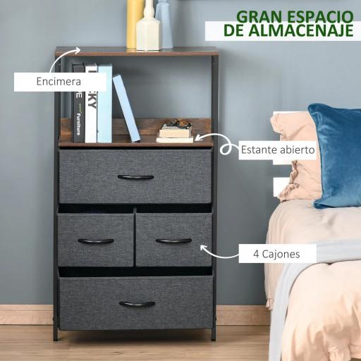 Cajonera de Tela con 4 Cajones Plegables y Estante Abierto Mueble de Oficina Estudio Dormitorio 58x29x103 cm Gris [3]