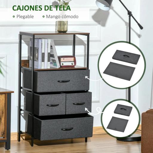 Cajonera de Tela con 4 Cajones Plegables y Estante Abierto Mueble de Oficina Estudio Dormitorio 58x29x103 cm Gris [2]