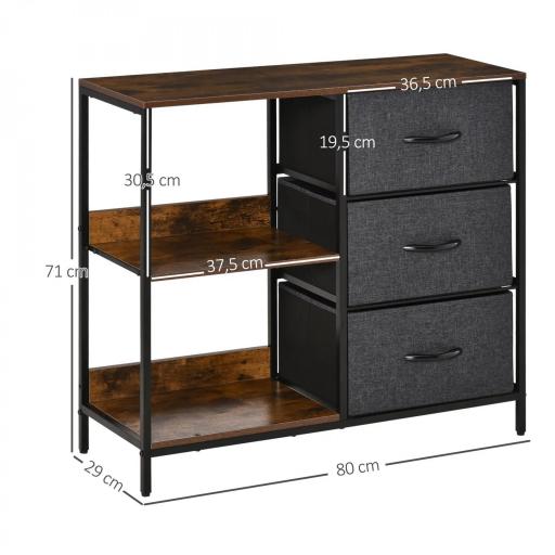 Cómoda Cajonera de Tela con 3 Cajones Plegables y 2 Estantes Estilo Industrial para Dormitorio Salón Pasillo 80x29x71 cm Marrón Rústico y Gris Oscuro [1]