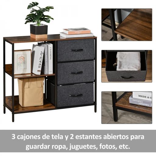 Cómoda Cajonera de Tela con 3 Cajones Plegables y 2 Estantes Estilo Industrial para Dormitorio Salón Pasillo 80x29x71 cm Marrón Rústico y Gris Oscuro [3]
