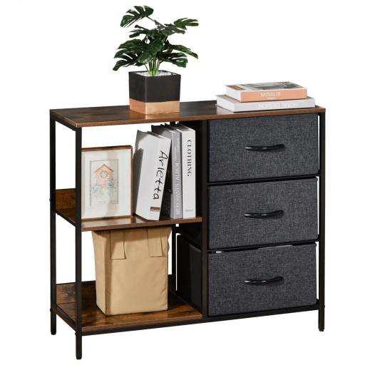 Cómoda Cajonera de Tela con 3 Cajones Plegables y 2 Estantes Estilo Industrial para Dormitorio Salón Pasillo 80x29x71 cm Marrón Rústico y Gris Oscuro [2]